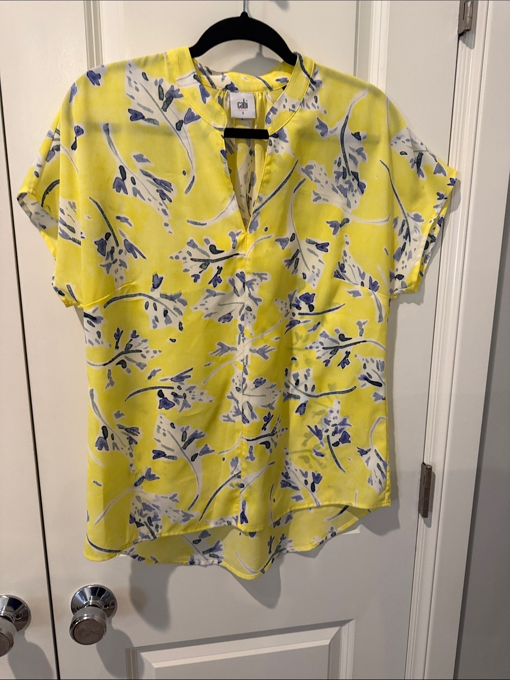 CAbi Yellow Floral V-Neck Short Sleeve Blouse